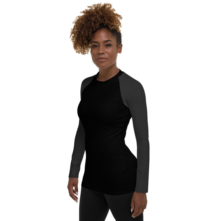 SixTriple8 Long Sleeve Fitted Design Four-Way Stretch UPF Protection Black and Gray Floral Women's Rash Guard