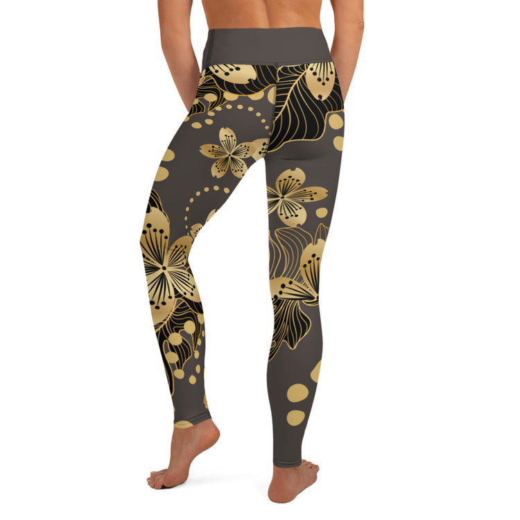 SixTriple8 Women's High Waist, Moisture-Wicking, Four-Way Stretch, Gold Flower Yoga Leggings