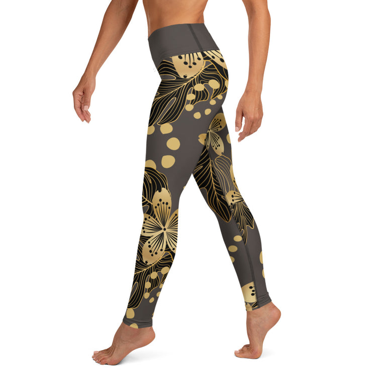 SixTriple8 Women's High Waist, Moisture-Wicking, Four-Way Stretch, Gold Flower Yoga Leggings