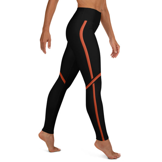 SixTriple8 Women's High Waist Moisture-Wicking Four-Way Stretch, Orange Multicolored Waistband, All Black Yoga Leggings