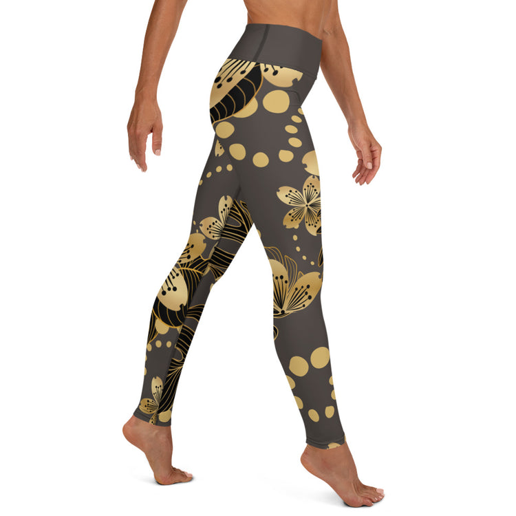 SixTriple8 Women's High Waist, Moisture-Wicking, Four-Way Stretch, Gold Flower Yoga Leggings